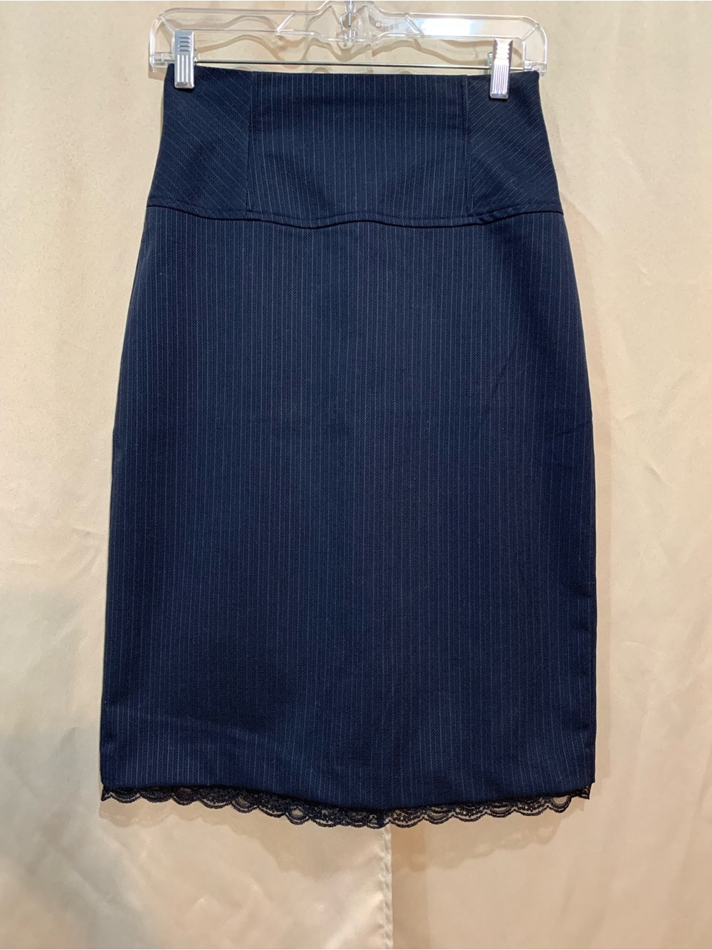 Express Navy Pinstripe Pencil Skirt with Lace Hem 104/3